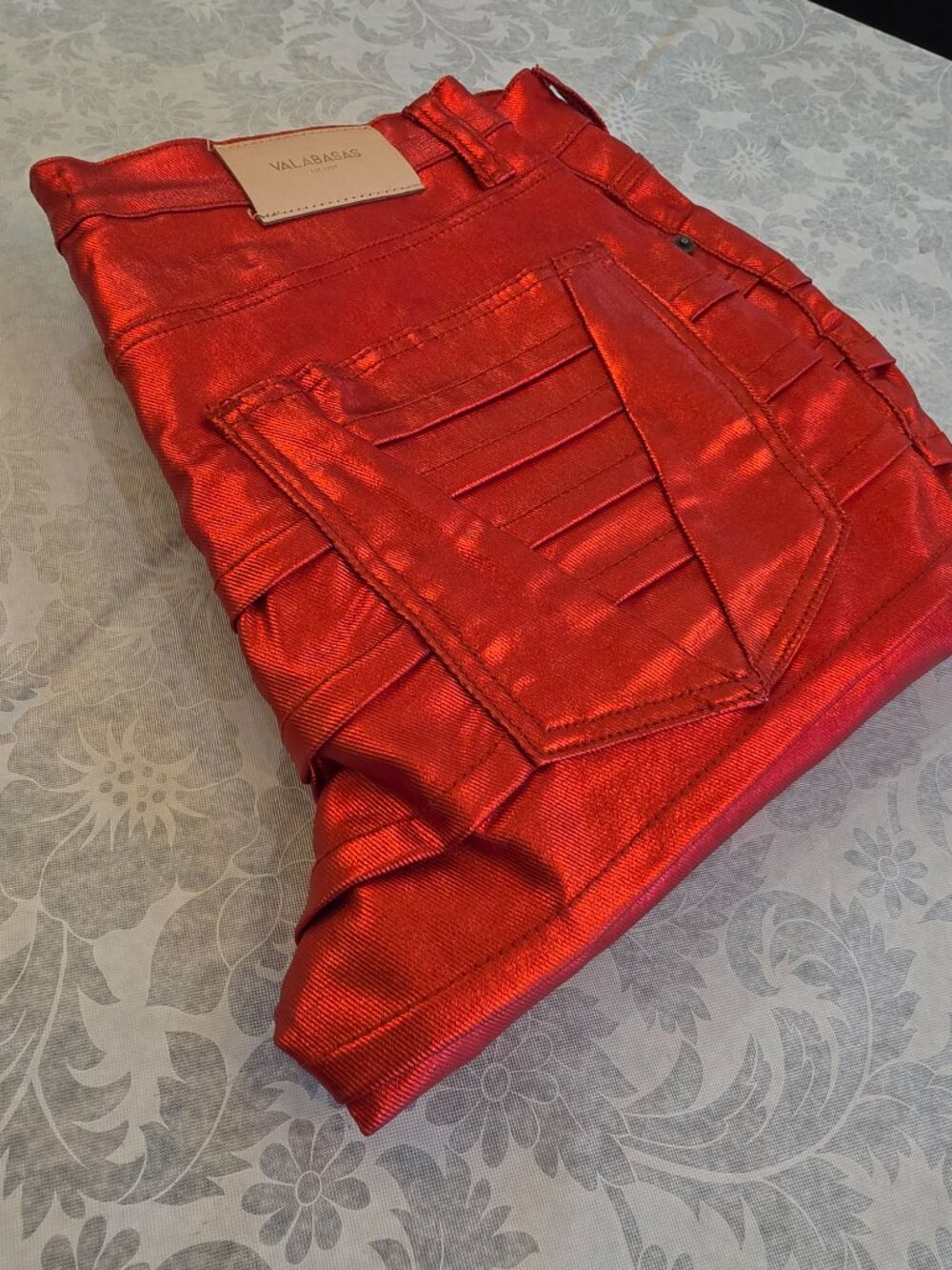 Valabasas Delta Stacked Jeans Zodiac Verde / Red Metallic Waxed Pleated - Picture 7 of 13